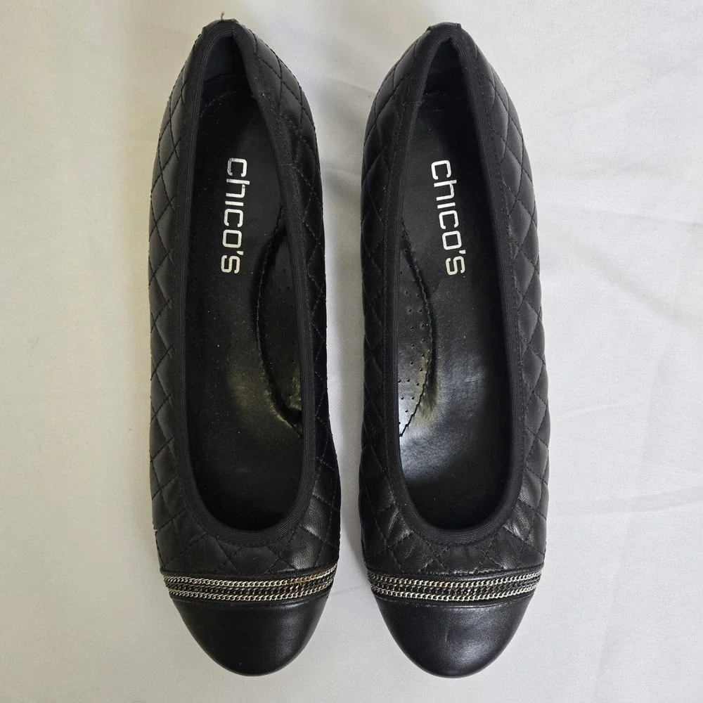 Chico's Quilted Ballet Flats, Silver Tone Chain Accent, Black, Size 9 - Picture 9 of 12